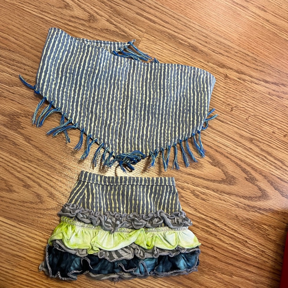 Striped Blue Bandana Top and Ruffle Skirt Set for 18” dolls- Blue, Gray, Lime